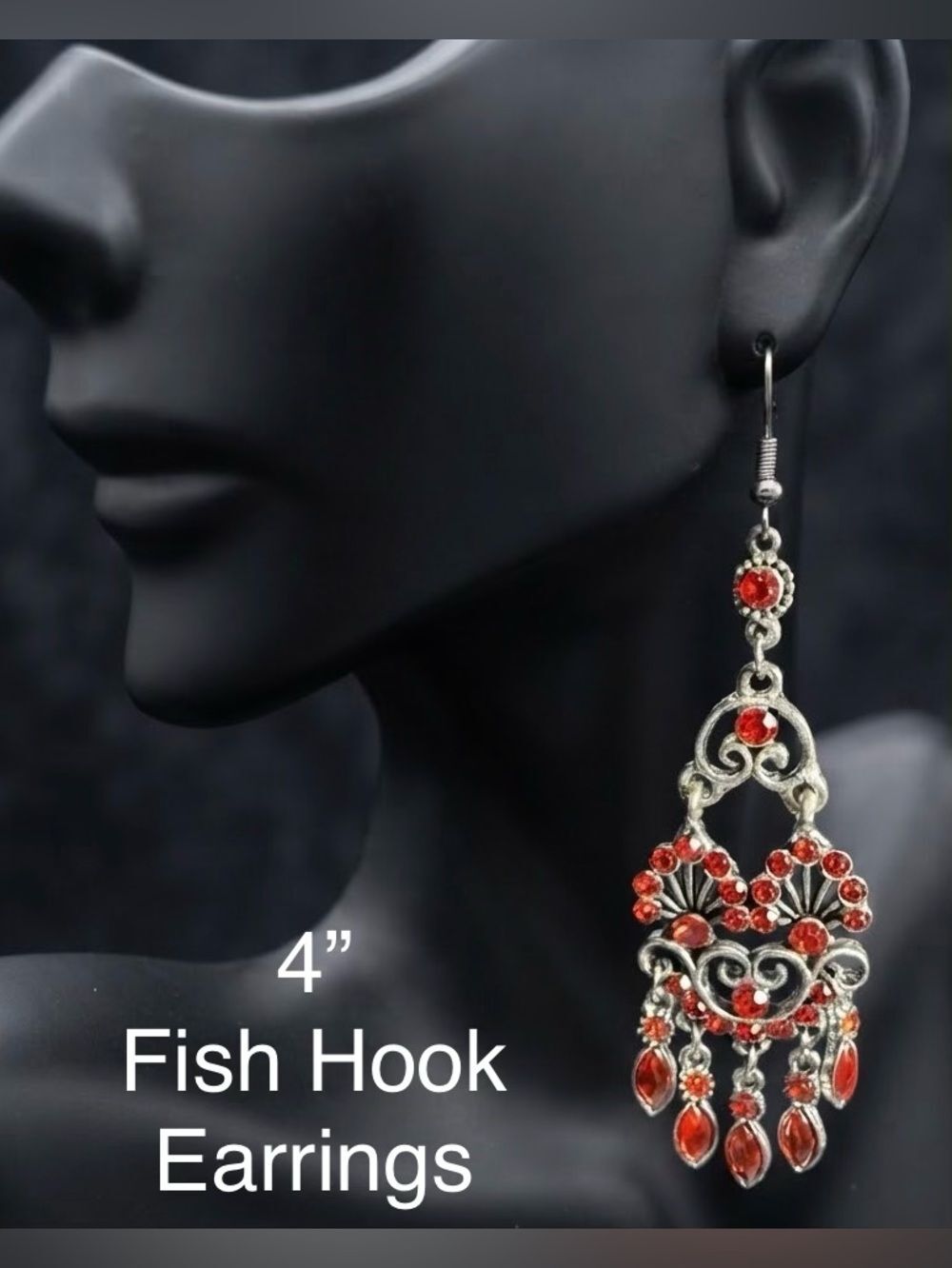 E36. Red Crystal Chandelier Fish Hook Earrings